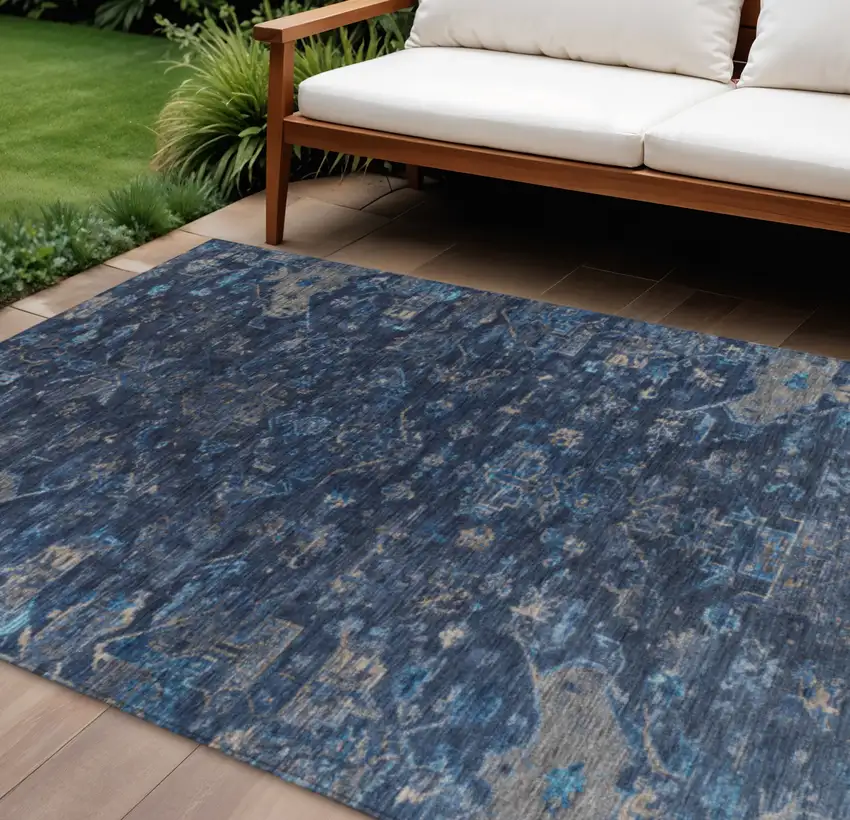 Navy Blue And Gray Medallion Washable Indoor Outdoor Area Rug Photo 1