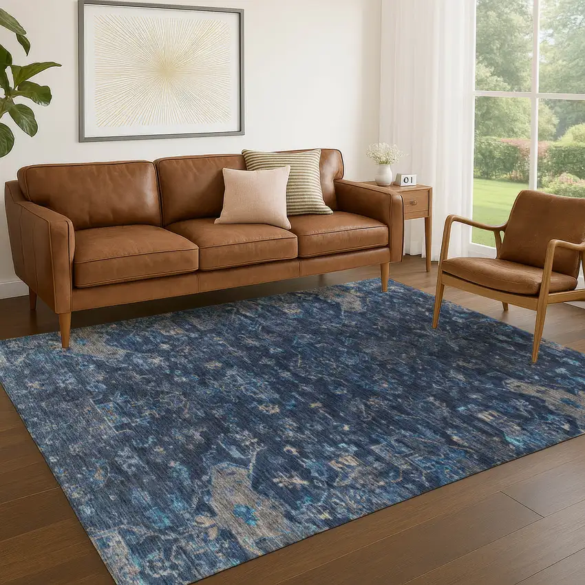 Navy Blue And Gray Medallion Washable Indoor Outdoor Area Rug Photo 9