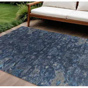 Photo of Navy Blue And Gray Medallion Washable Indoor Outdoor Area Rug