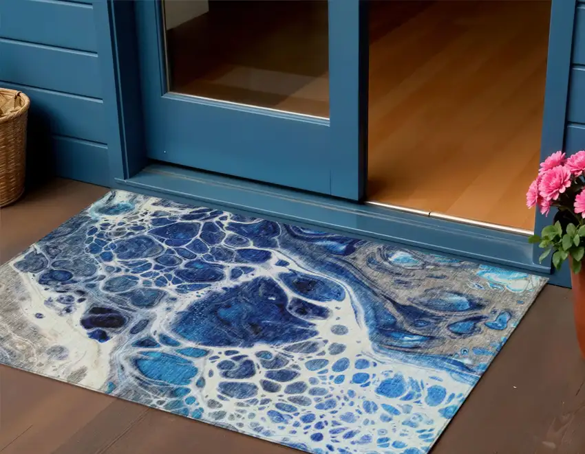 Navy Blue And Gray Nautical Washable Indoor Outdoor Area Rug Photo 1