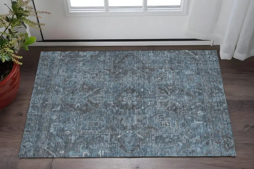 Navy Blue And Gray Oriental Washable Area Rug With UV Protection Photo 2