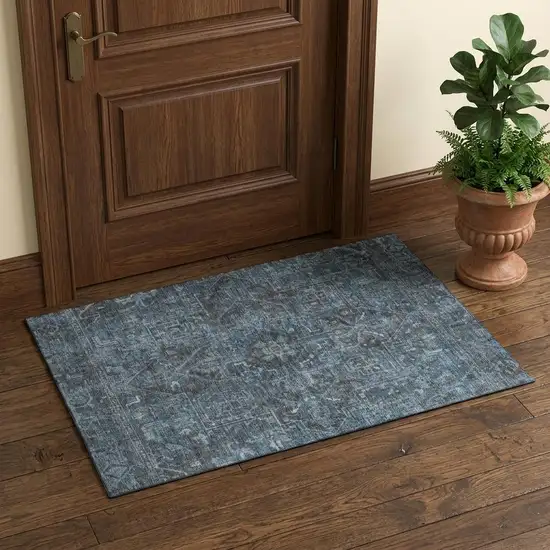 Navy Blue And Gray Medallion Distressed Washable Area Rug With UV Protection Photo 1
