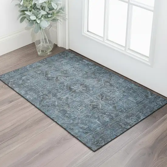 Navy Blue And Gray Oriental Washable Area Rug With UV Protection Photo 2