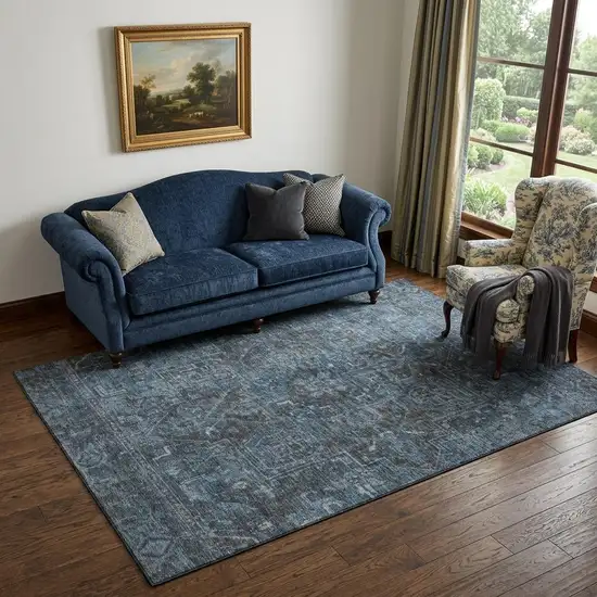 Navy Blue And Gray Medallion Distressed Washable Area Rug With UV Protection Photo 1