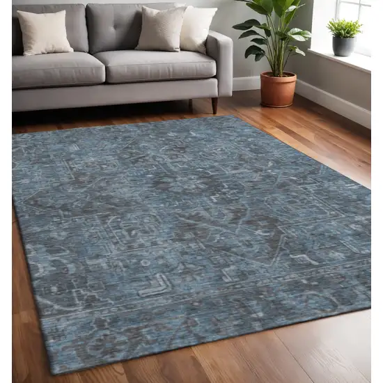 Navy Blue And Gray Oriental Washable Area Rug With UV Protection Photo 2