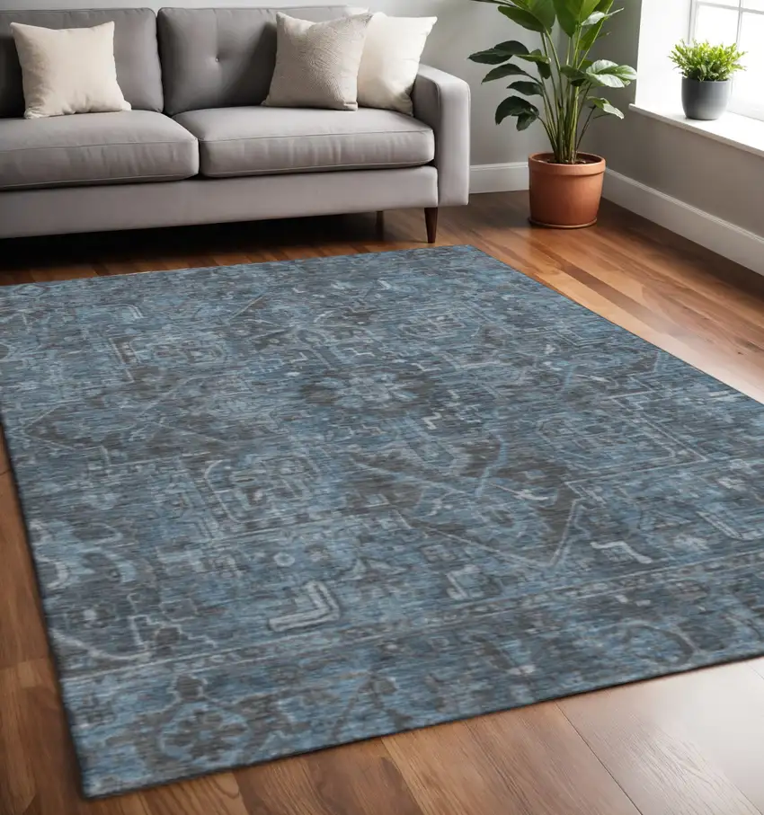 Navy Blue And Gray Oriental Washable Area Rug With UV Protection Photo 2
