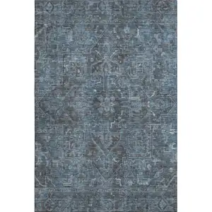 Photo of Navy Blue And Gray Oriental Washable Area Rug With UV Protection
