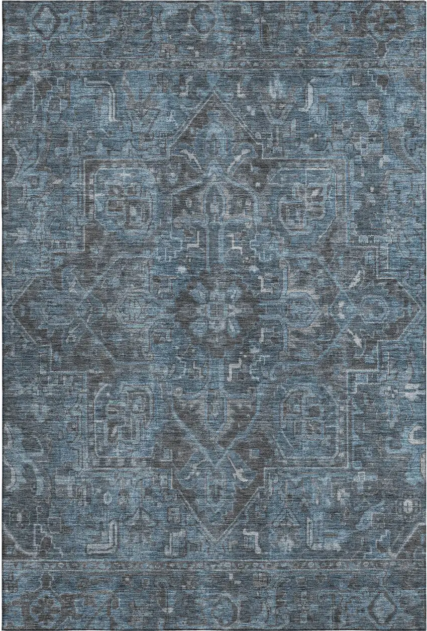 Navy Blue And Gray Oriental Washable Area Rug With UV Protection Photo 1