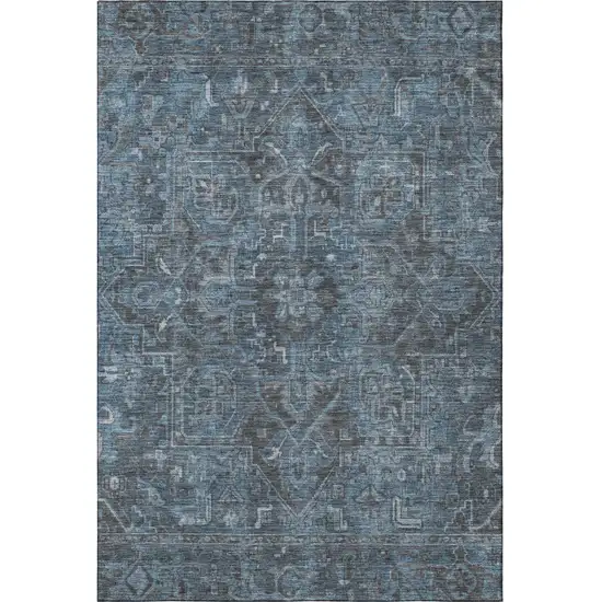 Navy Blue And Gray Oriental Washable Area Rug With UV Protection Photo 4