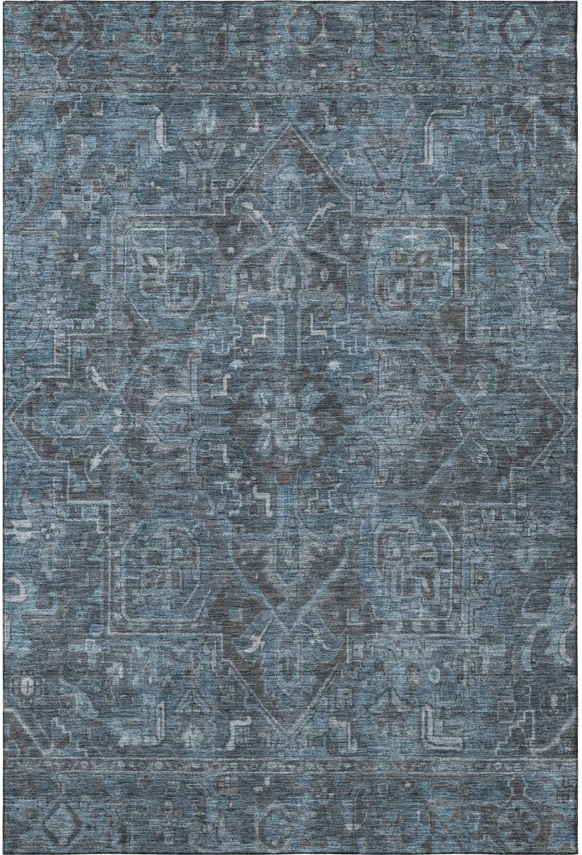 Navy Blue And Gray Oriental Washable Area Rug With UV Protection Photo 4