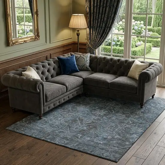 Navy Blue And Gray Medallion Distressed Washable Area Rug With UV Protection Photo 1