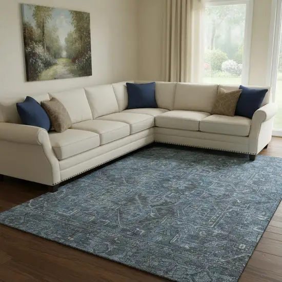 Navy Blue And Gray Oriental Washable Area Rug With UV Protection Photo 1