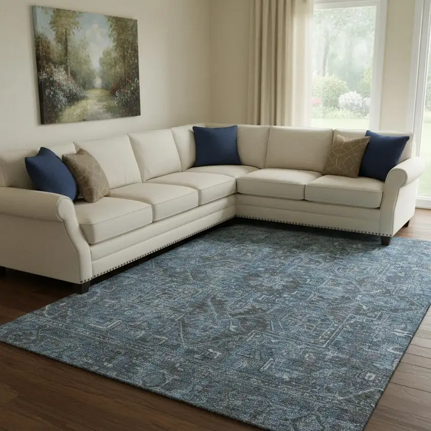 Navy Blue And Gray Oriental Washable Area Rug With UV Protection Photo 1