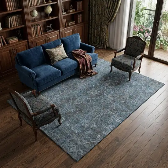 Navy Blue And Gray Medallion Distressed Washable Area Rug With UV Protection Photo 1