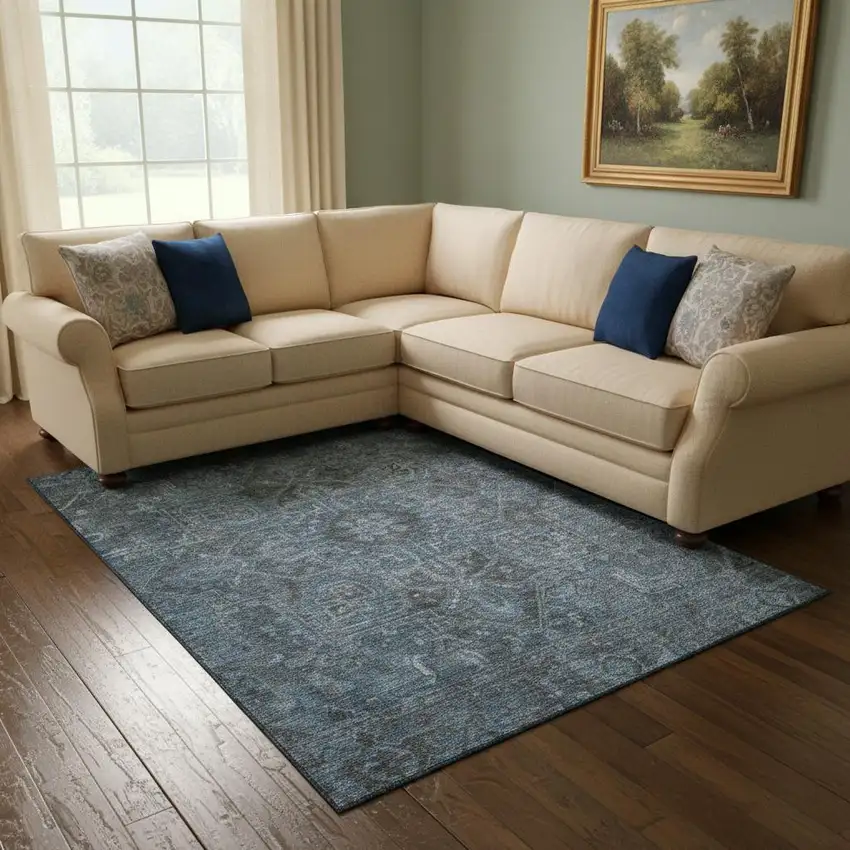 Navy Blue And Gray Oriental Washable Area Rug With UV Protection Photo 1