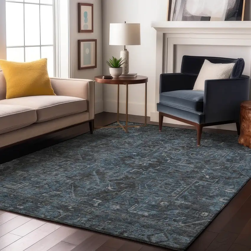Navy Blue And Gray Oriental Washable Area Rug With UV Protection Photo 5