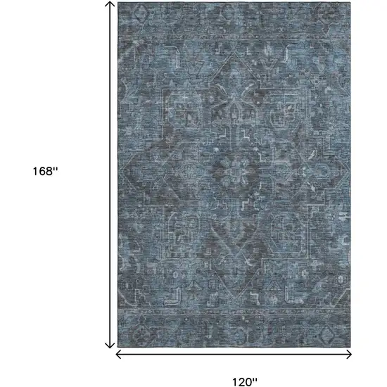 Navy Blue And Gray Oriental Washable Area Rug With UV Protection Photo 3