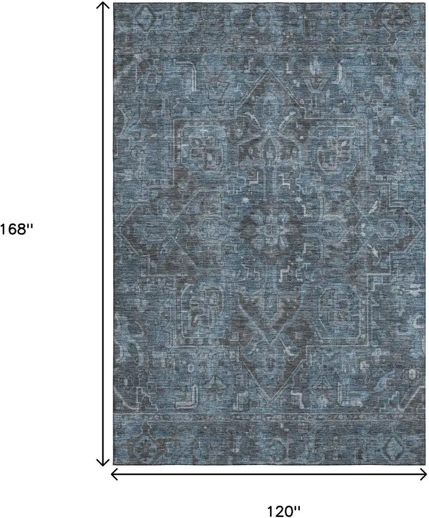 Navy Blue And Gray Oriental Washable Area Rug With UV Protection Photo 3