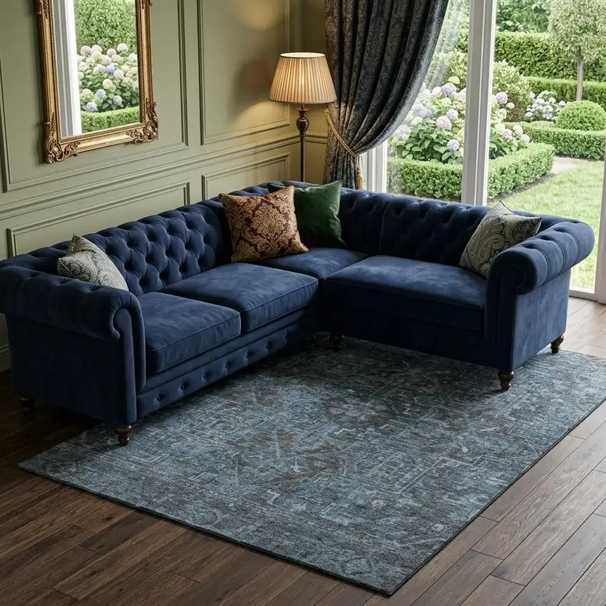 Navy Blue And Gray Medallion Distressed Washable Area Rug With UV Protection Photo 1