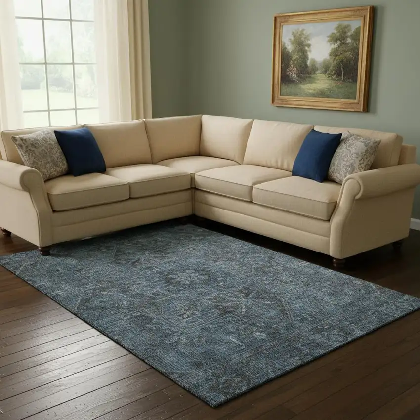 Navy Blue And Gray Oriental Washable Area Rug With UV Protection Photo 1