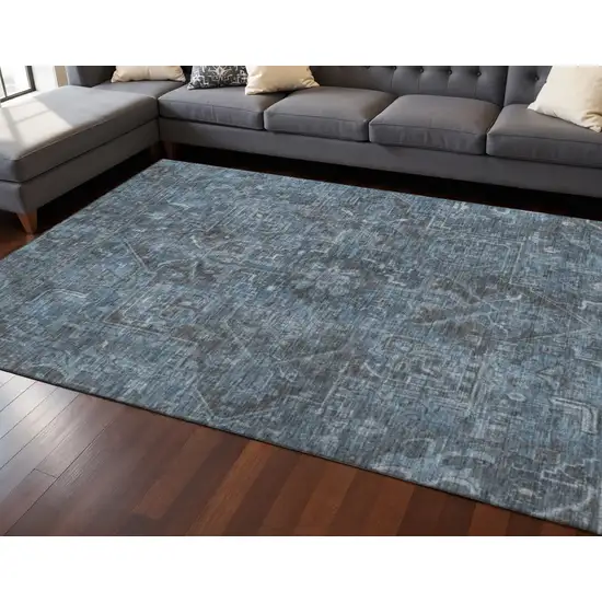 Navy Blue And Gray Oriental Washable Area Rug With UV Protection Photo 2