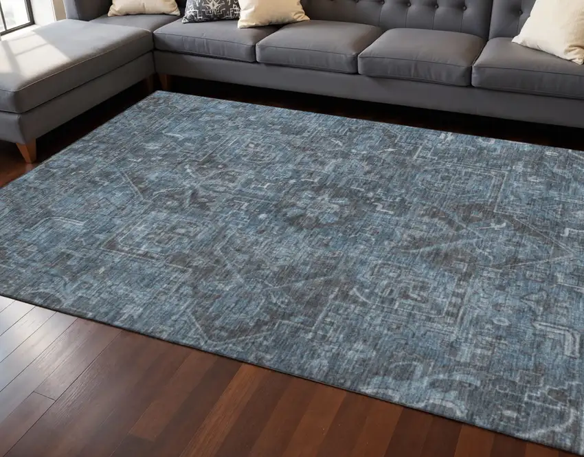 Navy Blue And Gray Oriental Washable Area Rug With UV Protection Photo 2