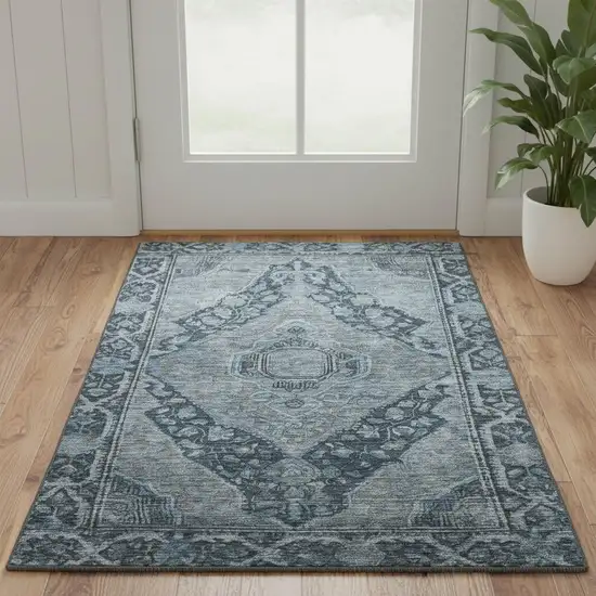 Navy Blue And Gray Oriental Washable Area Rug With UV Protection Photo 2