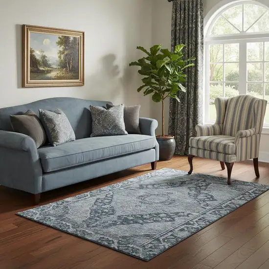 Navy Blue And Gray Oriental Washable Area Rug With UV Protection Photo 2