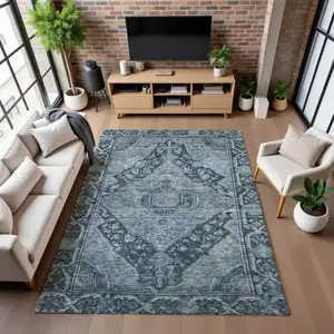 Photo of Navy Blue And Gray Oriental Washable Area Rug With UV Protection