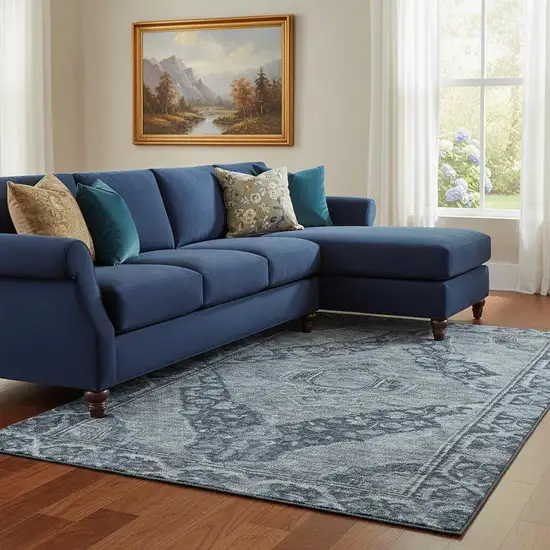 Navy Blue And Gray Oriental Washable Area Rug With UV Protection Photo 2