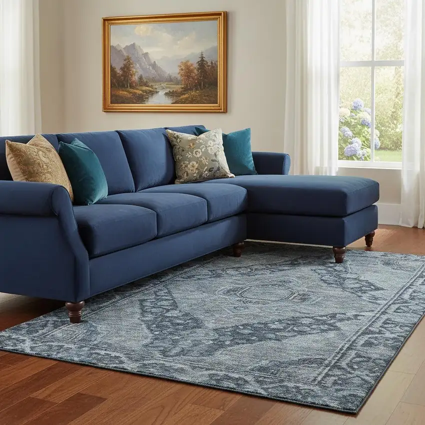 Navy Blue And Gray Oriental Washable Area Rug With UV Protection Photo 2