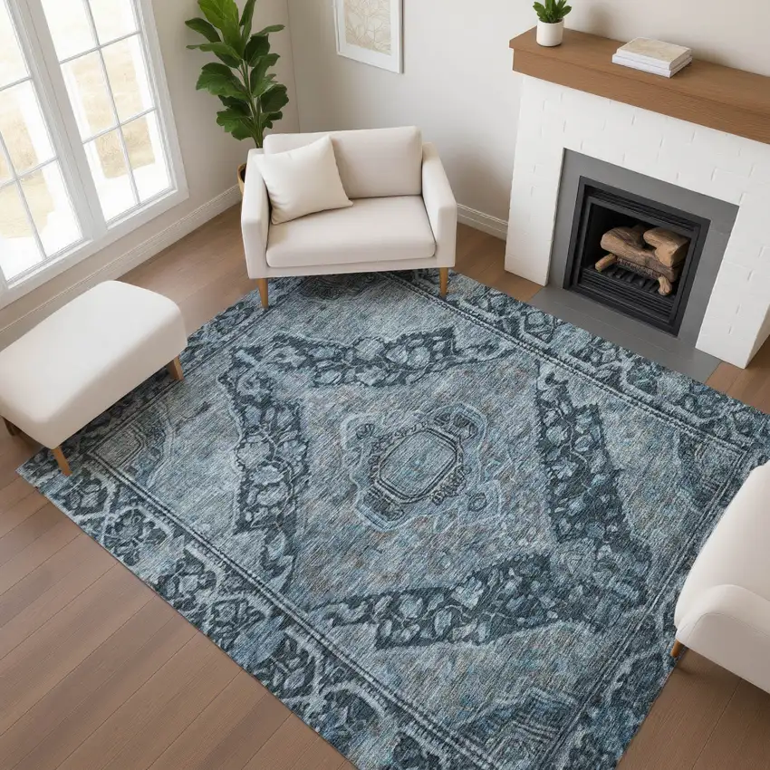 Navy Blue And Gray Oriental Washable Area Rug With UV Protection Photo 4