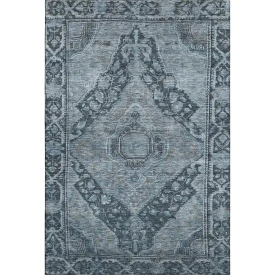 Navy Blue And Gray Oriental Washable Area Rug With UV Protection Photo 1