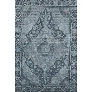 Photo of Navy Blue And Gray Oriental Washable Area Rug With UV Protection