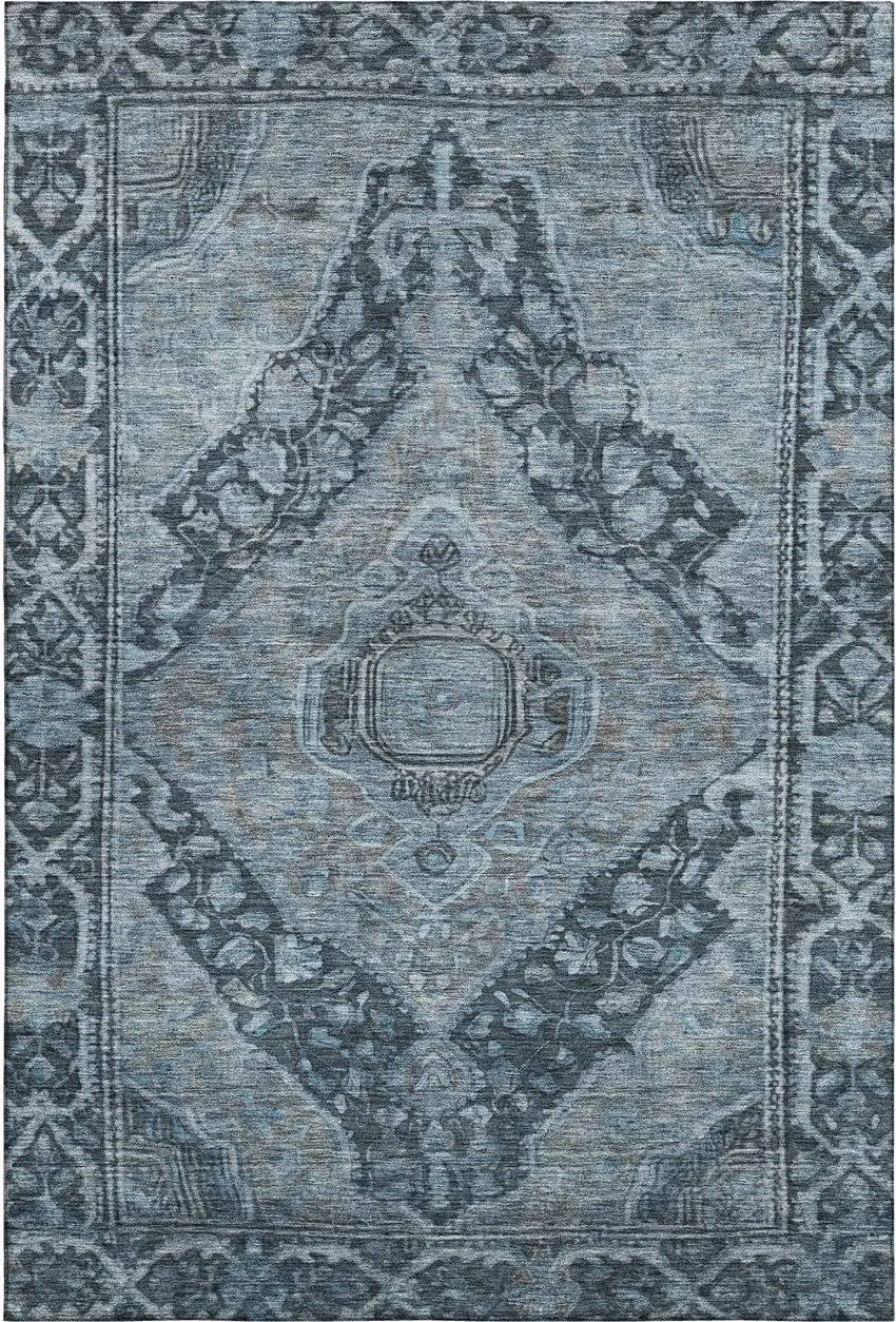 Navy Blue And Gray Oriental Washable Area Rug With UV Protection Photo 1
