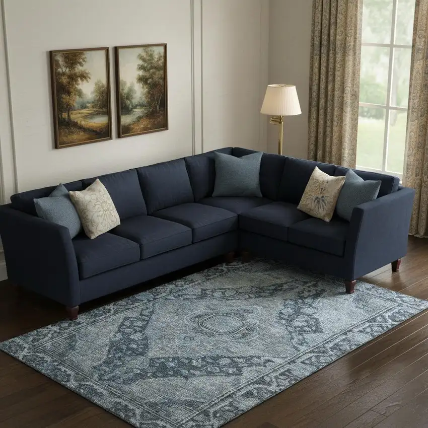 Navy Blue And Gray Oriental Washable Area Rug With UV Protection Photo 2