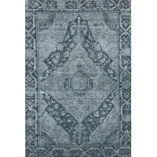 Navy Blue And Gray Oriental Washable Area Rug With UV Protection Photo 3