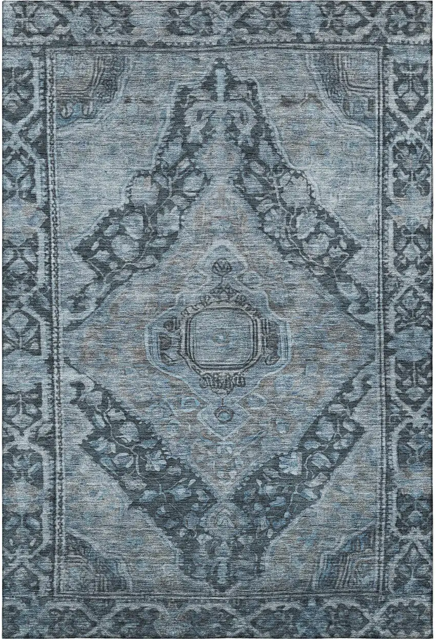 Navy Blue And Gray Oriental Washable Area Rug With UV Protection Photo 3