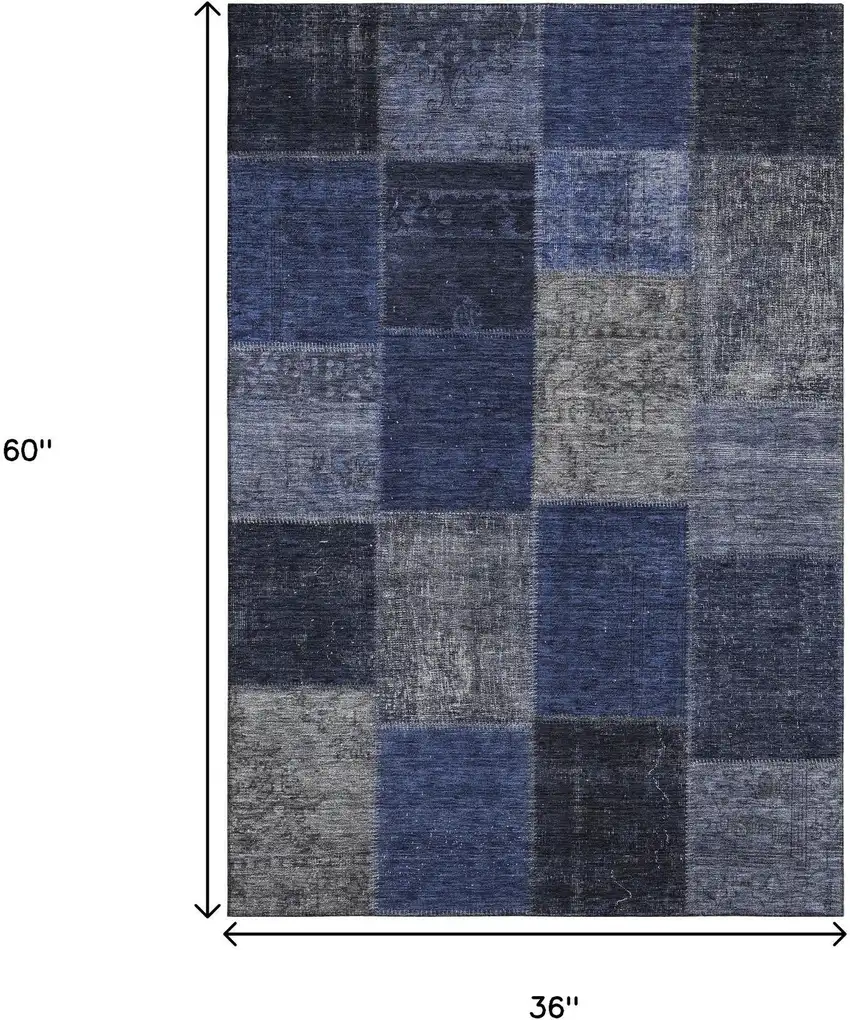Navy Blue And Gray Patchwork Washable Area Rug With UV Protection Photo 5