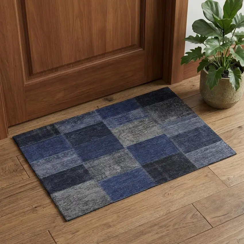 Navy Blue And Gray Patchwork Washable Area Rug With UV Protection Photo 1