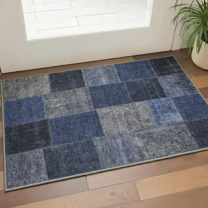 Navy Blue And Gray Patchwork Washable Area Rug With UV Protection Photo 2