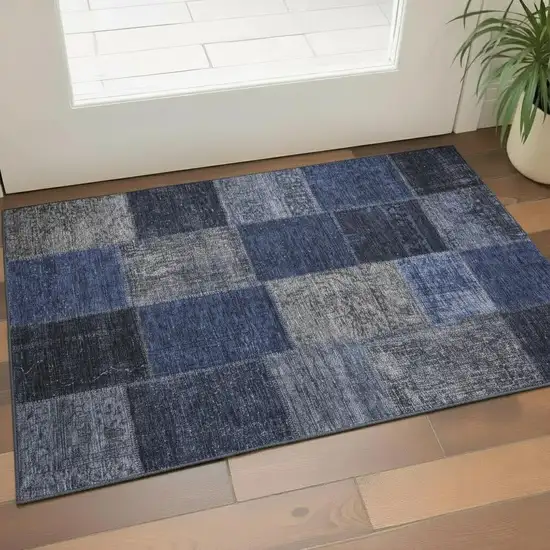 Navy Blue And Gray Patchwork Washable Area Rug With UV Protection Photo 1