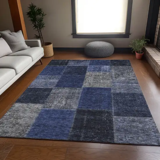 Navy Blue And Gray Patchwork Washable Area Rug With UV Protection Photo 3