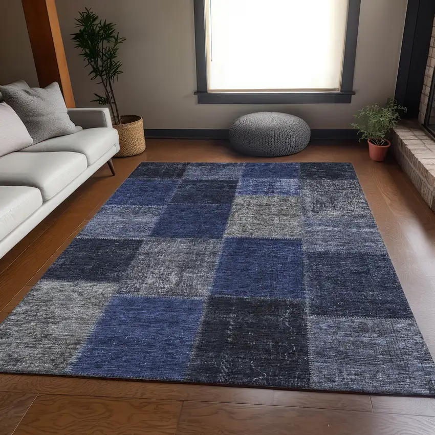 Navy Blue And Gray Patchwork Washable Area Rug With UV Protection Photo 3