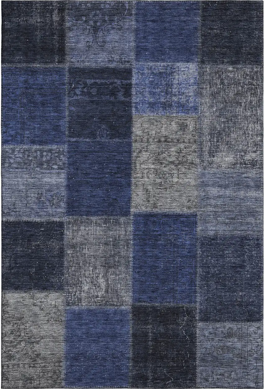 Navy Blue And Gray Patchwork Washable Area Rug With UV Protection Photo 1