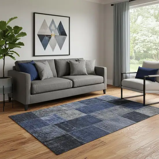 Navy Blue And Gray Patchwork Washable Area Rug With UV Protection Photo 1