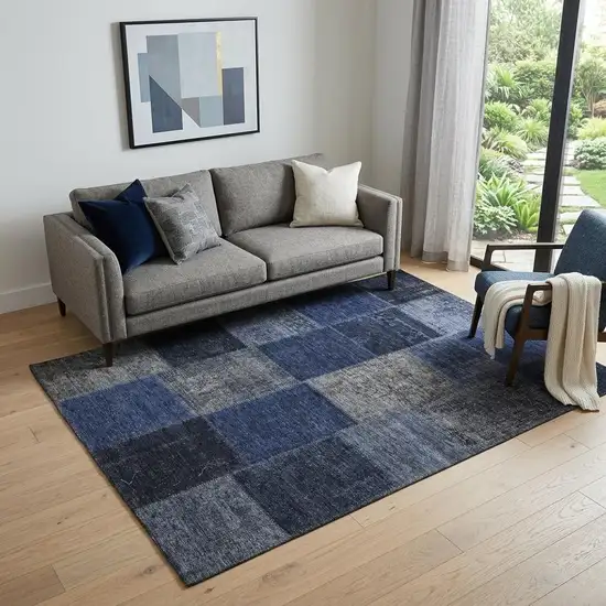 Navy Blue And Gray Patchwork Washable Area Rug With UV Protection Photo 1