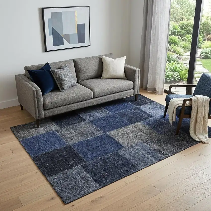 Navy Blue And Gray Patchwork Washable Area Rug With UV Protection Photo 1