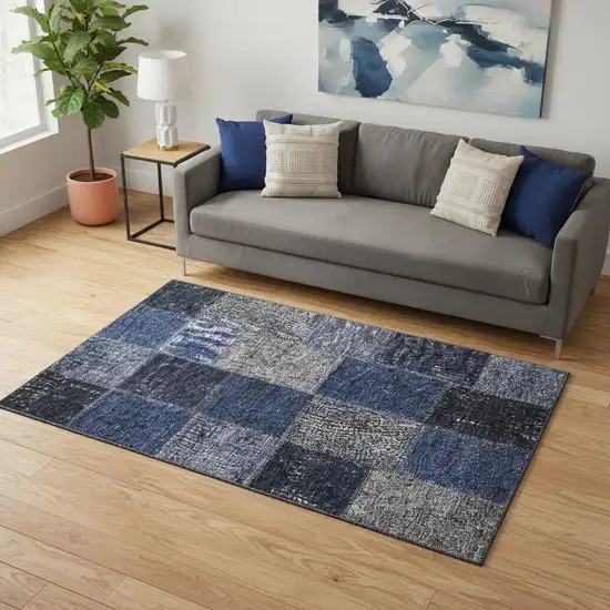 Navy Blue And Gray Patchwork Washable Area Rug With UV Protection Photo 1