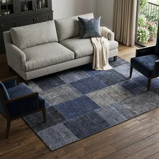 Navy Blue And Gray Patchwork Washable Area Rug With UV Protection Photo 1